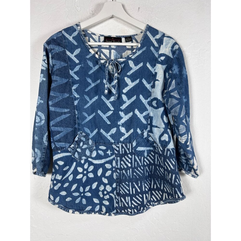 Sacred Threads Womens Patchwork Boho Denim Top Small Blue 3/4 Sleeve Tie Neck